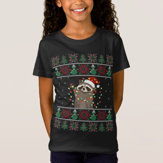 ラクーンクリスマスライトラクーン醜いクリスマスセーター Tシャツ (正面)