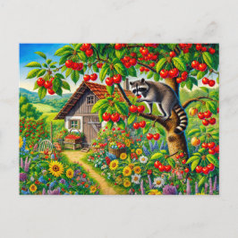 ラクーンスナッキングオールドさくらんぼツリーのさくらんぼ ポストカード