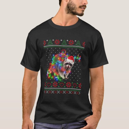 ラクーン動物の醜いセーターのクリスマスパピー動物 Tシャツ (正面)