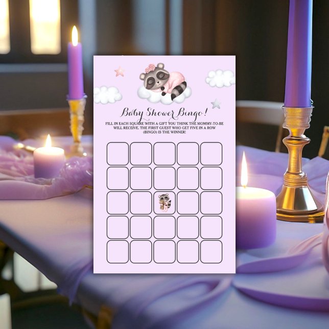 ラクーン赤ちゃんシャワーラベンダーゲームビンゴ (Gentle Raccoon Animal Girl Baby Shower Game Bingo)