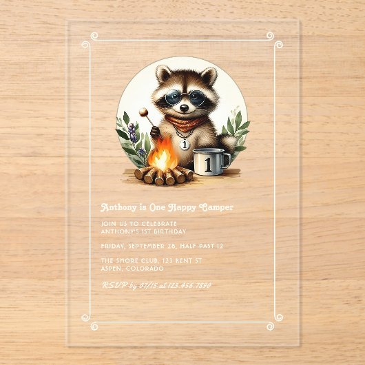 ラク素朴ーン「One Happy Camper」 1回目の誕生日 アクリル招待状 (正面)