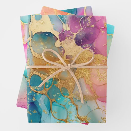 ラグジュアウォーターカラーピンクブルーと金ゴールド抽象芸術 ラッピングペーパーシート (インサイチュ)