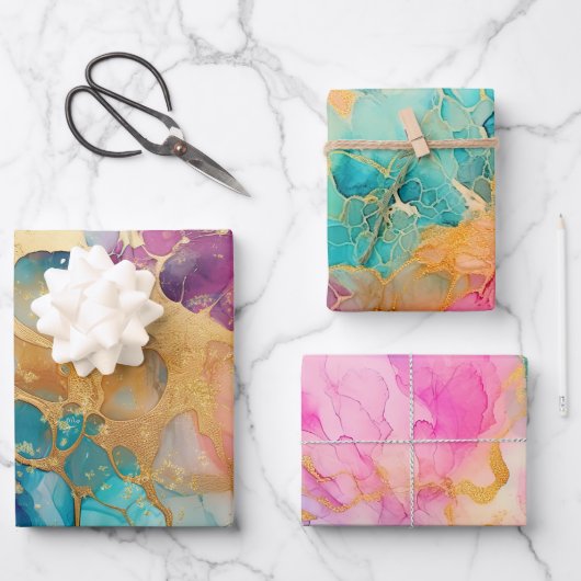 ラグジュアウォーターカラーピンクブルーと金ゴールド抽象芸術 ラッピングペーパーシート (正面)