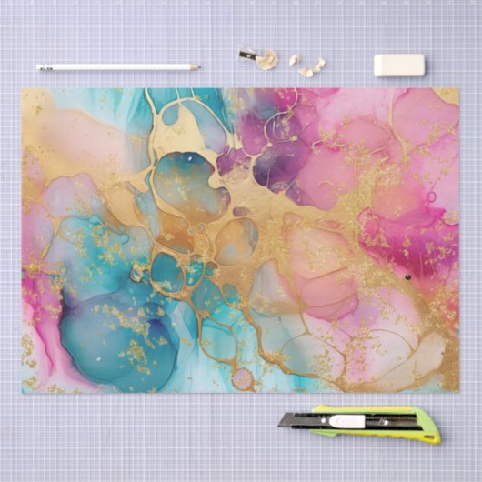ラグジュアウォーターカラーピンクブルーと金ゴールド抽象芸術 薄葉紙 (クラフト)