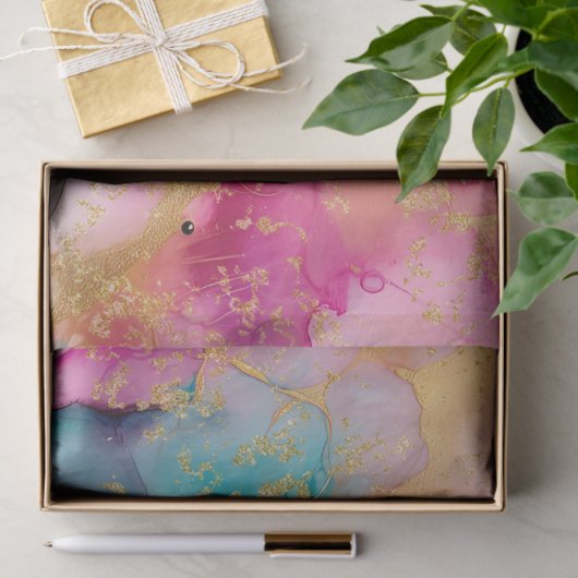 ラグジュアウォーターカラーピンクブルーと金ゴールド抽象芸術 薄葉紙 (ギフト)