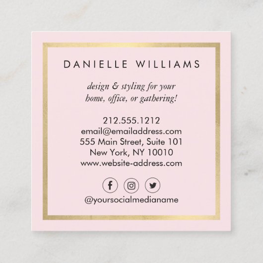 ラグジュアウォーターカラーピンク花模様とフェイク金ゴールド枠 スクエア名刺 (裏面)