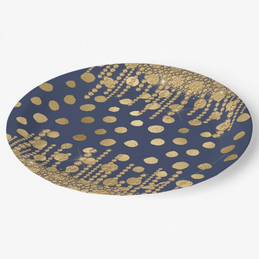 ラグジュアエレガントリーブルー金ゴールドラインストーンズきらきら光る宝石 ペーパープレート (アングル)