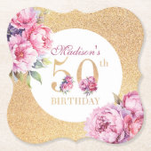 ラグジュアリカスタムー50th誕生日牡丹金ゴールドグリッター ペーパーコースター (正面)