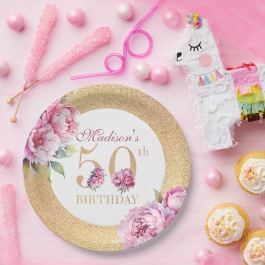 ラグジュアリカスタムー50th誕生日牡丹金ゴールドグリッター ペーパープレート (パーティー)