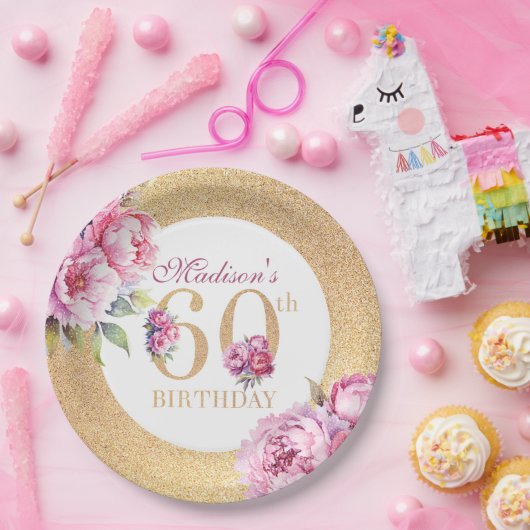 ラグジュアリカスタムー60th誕生日牡丹金ゴールドグリッター ペーパープレート (パーティー)