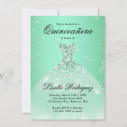 ラグジュアリーなサテングリーン 15歳の誕生日 クイーンセニョーラ 招待状 (正面)