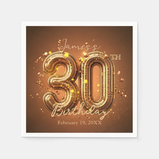 ラグジュアリーなシックなグラムブラウンと金ゴールド30歳の誕生日 スタンダードカクテルナプキン (正面)