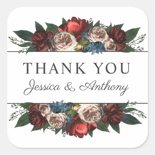 ラグジュアリーなジュエルトーンの花束 サンクスステッカー スクエアシール (正面)