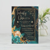 ラグジュアリーなターコイズとゴールドの花模様のアゲート誕生日パーティー 招待状 (スタンド正面)