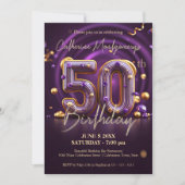 ラグジュアリーなダークパープルと金ゴールド50誕生日 招待状 (正面)