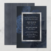 ラグジュアリーなネイビーシルバー ヴィンテージ ボタニカル ウェディング 招待状 (正面/裏面)