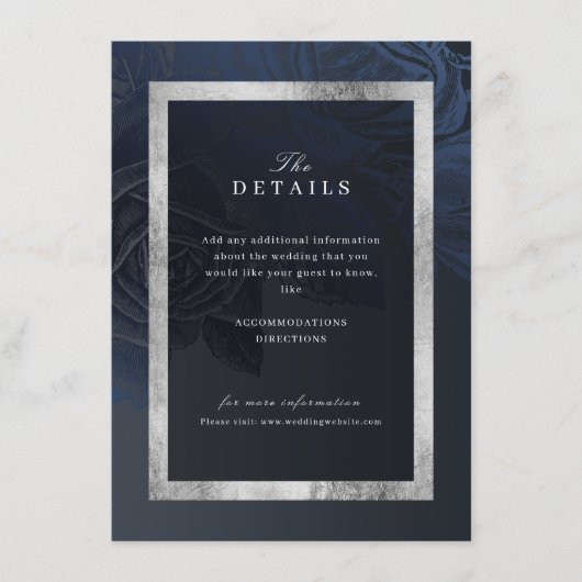 ラグジュアリーなネイビー ヴィンテージ ボタニカル ウェディング ディテール エンクロージャーカード (正面)