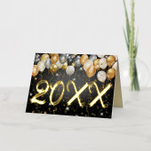 ラグジュアリーなブラック&金ゴールド紙吹雪バルーン新年 箔シーズンカード (正面)