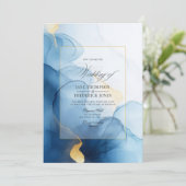 ラグジュアリーなブルーと金ゴールド流れ結婚インク 招待状 (スタンド正面)