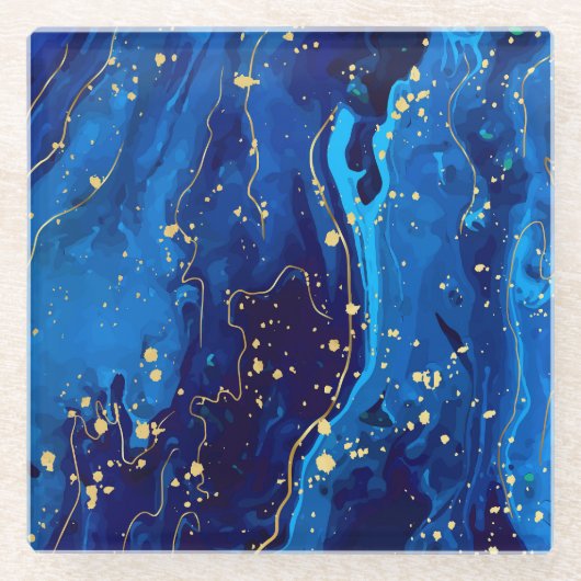 ラグジュアリーなブルーの金ゴールドマーブルテクスチャ ガラスコースター (正面)