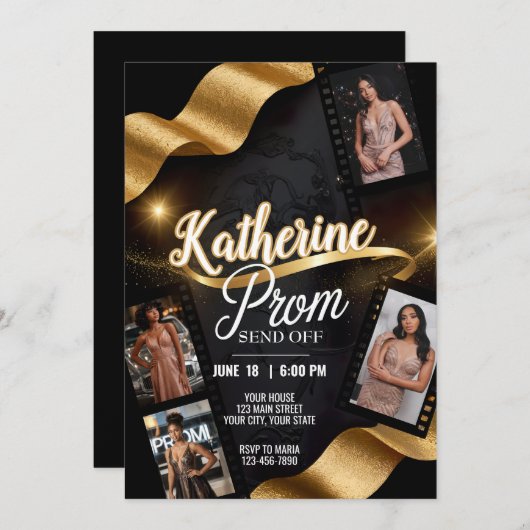 ラグジュアリーなプロムセンドオフ金ゴールドリボンフィ転がルム 招待状 (正面/裏面)