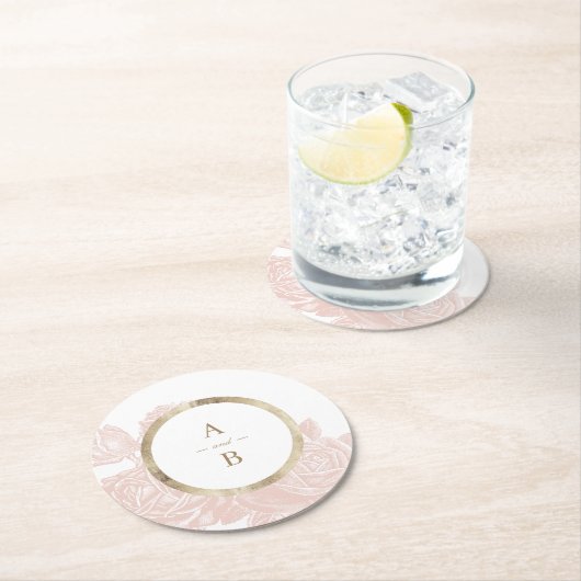 ラグジュアリーなローズブッシュゴールドのヴィンテージ結婚式モノグラム ラウンドペーパーコースター (インサイチュ)