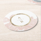 ラグジュアリーなローズブッシュゴールドのヴィンテージ結婚式モノグラム ラウンドペーパーコースター (アングル)