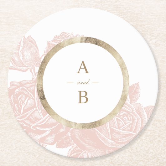 ラグジュアリーなローズブッシュゴールドのヴィンテージ結婚式モノグラム ラウンドペーパーコースター (正面)