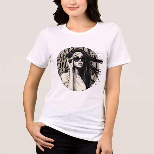 ラグジュアリーな女性の風になびく髪のイラスト トライブレンドＴシャツ (正面)