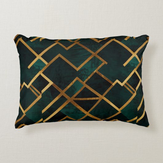 ラグジュアリーな幾何学模様のゴールドとエメラルド アクセントクッション (正面)