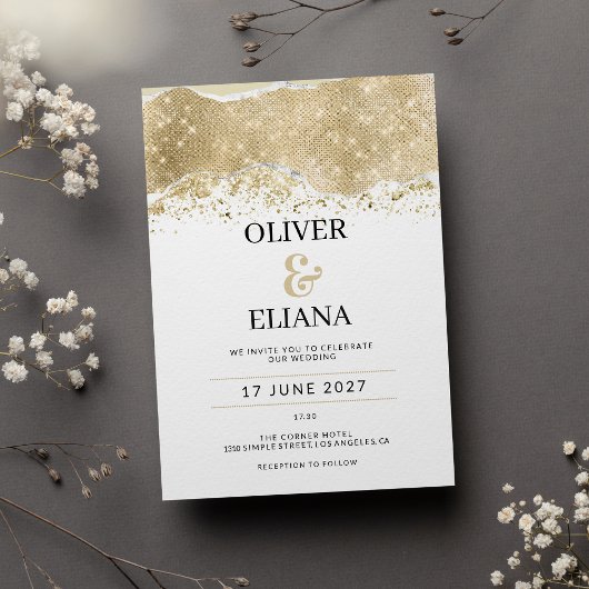 ラグジュアリーな白銀と金ラメの結婚式 招待状