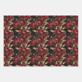 ラグジュアリーな赤いバラ&金ゴールドの葉の模様(ブラック) ラッピングペーパーシート (正面3)