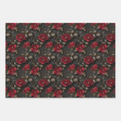 ラグジュアリーな赤いバラ&金ゴールドの葉の模様(ブラック) ラッピングペーパーシート (正面2)