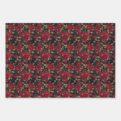 ラグジュアリーな赤いバラ&金ゴールドの葉の模様(ブラック) ラッピングペーパーシート (正面)