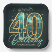 ラグジュアリーな輝きのティールゴールドアゲート 40歳の誕生日パーティー ペーパープレート (正面)