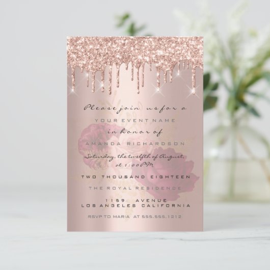 ラグジュアリーな輝きのローズゴールド ブライダル 16歳の誕生日 マルサラ 招待状 (スタンド正面)