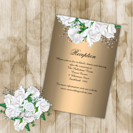 ラグジュアリーな金ゴールド結婚式のレセプションにホワイトローズ エンクロージャーカード