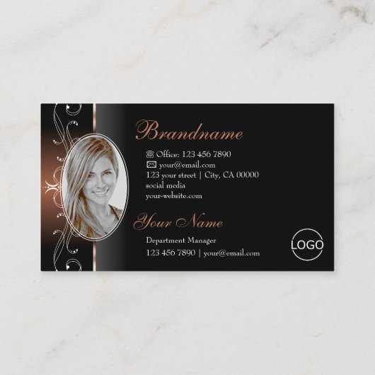 ラグジュアリーな黒褐色の四角い宝石のロゴ&フォト 名刺 (裏面)