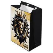 ラグジュアリーはっきりしたブラック&金ゴールドライオンとクラウン ミディアムペーパーバッグ (正面アングル)