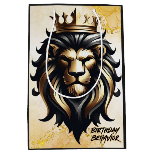 ラグジュアリーはっきりしたブラック&金ゴールドライオンとクラウン ミディアムペーパーバッグ (正面)