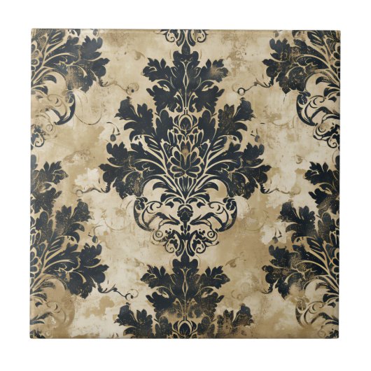 ラグジュアリーアイボリーダマスクエレガントブラックベージュ タイル (正面)