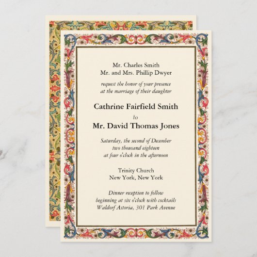 ラグジュアリーアイボリーホワイトフローラアラベスク結婚ズ 招待状 (正面/裏面)