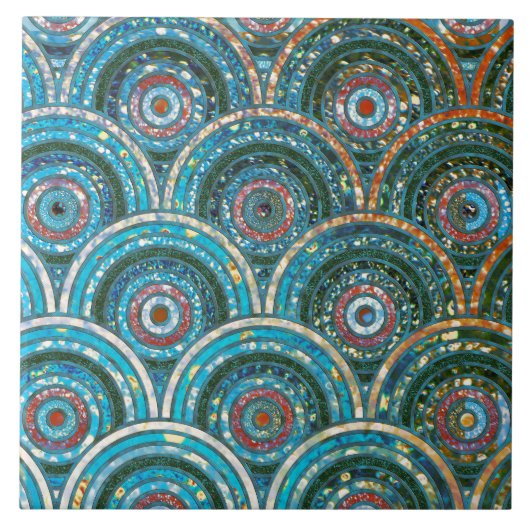 ラグジュアリーアクアティール(緑がかった色)メタルフォイルグリッタードットサークル タイル (正面)