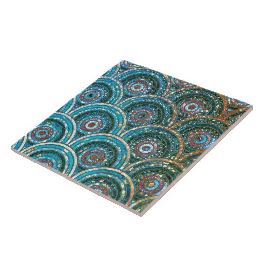 ラグジュアリーアクアティール（緑がかった色）メタルフォイルグリッタードットサークル タイル (側面)