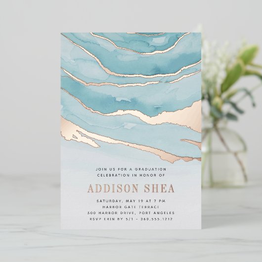 ラグジュアリーアクアマーブル卒業パーティー 箔招待状 (立ち正面)