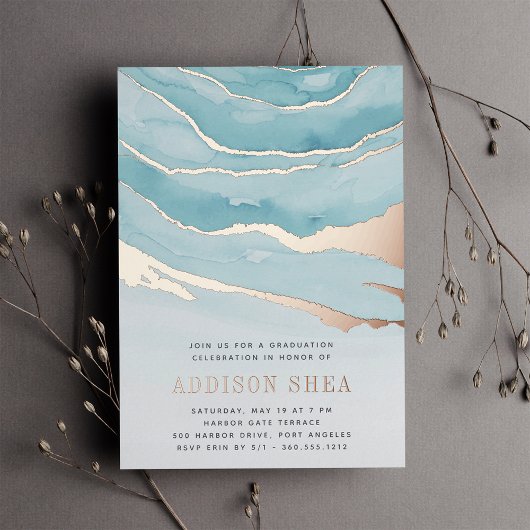 ラグジュアリーアクアマーブル卒業パーティー 箔招待状