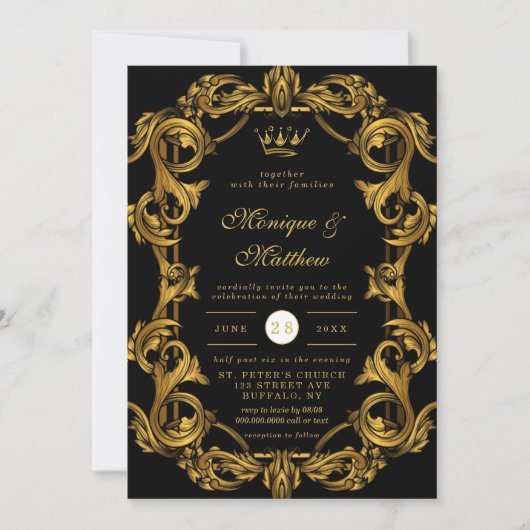 ラグジュアリーアールヌーボーブラック王室の金ゴールド結婚ズインビタ 招待状 (正面)