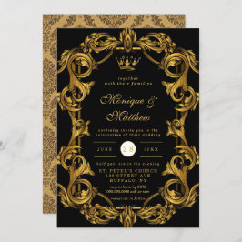 ラグジュアリーアールヌーボーブラック王室の金ゴールド結婚ズインビタ 招待状