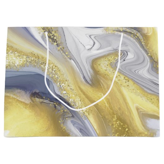 ラグジュアリーイエローグレー金ゴールドマーブルエフェクトクリスマス ラージペーパーバッグ (正面)