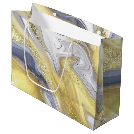 ラグジュアリーイエローグレー金ゴールドマーブルエフェクトクリスマス ラージペーパーバッグ (正面アングル)